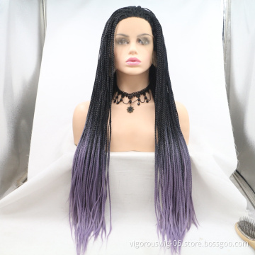 Long straight ombre black purple cheap wholesale high quality heat resistant synthetic braided wig lace front
